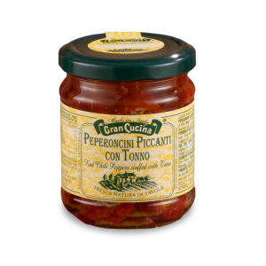 Červené pikantní chilli papričky s tuňákem 280g