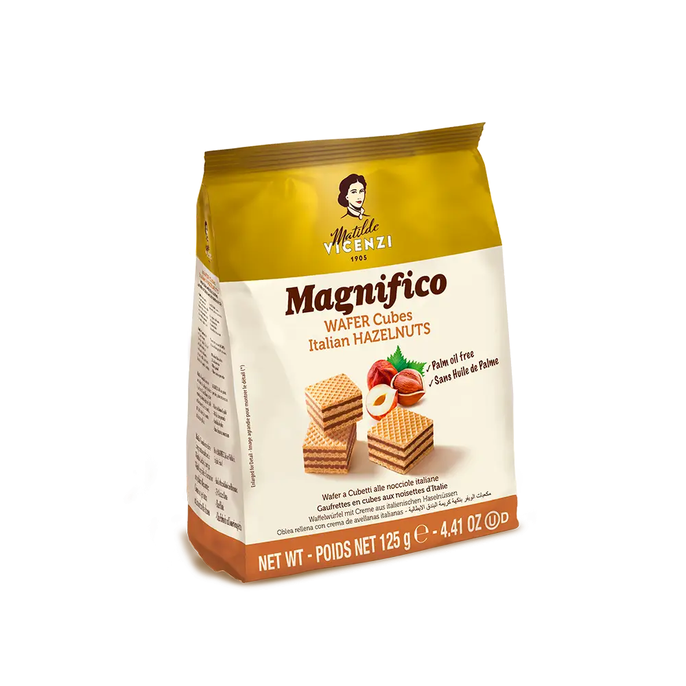 MATILDE VINCENZI Wafer ve tvaru kostky s listko-oříškovou nápní 125g
